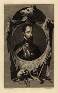 Portret van Ferdinand Alvarez de Toledo y Pimentel, 3e hertog van Alba, of de IJzeren Hertog. In harnas met ketting van de Orde van het Gulden Vlies. Met wolfshuid, menselijke schedels, zwaard, dolk en vuursteenpistool. Ferdinand de Tolede, hertog van Alb