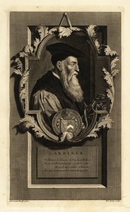 Portret van Stephen Gardiner, bisschop van Winchester en politicus. Met wapenschild. Kopergravure door Pieter Stevens van Gunst door Adriaan van der (after) Werff