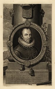 Willem I, Prins van Oranje, Willem de Zwijger of Willem de Taciturn. Guillaume, Premiere Prince d’Orange. In harnas met kanten kraag, wapenschild boven, vuursteenpistool en loden kogels beneden. Kopergravure door Gerard Valck door Adriaan van der (after) Werff