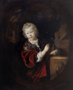 Portret van een jonge jongen met een parkiet naast een standbeeld van Hercules door Adriaan van der Werff