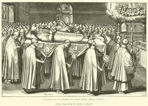 Begrafenis van St. Ignatius in Santa Maria Della Strada (gravure) door Adriaen (after) Collaert