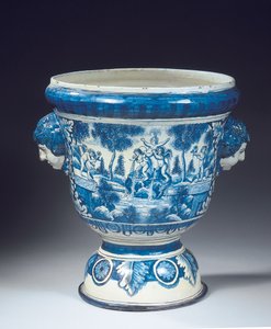 Grote Delftse blauw-witte mythologische tuinvaas in de Barokstijl, ca. 1700