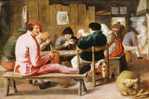 Boeren roken en drinken aan een tafel in een taverne, ca.1625