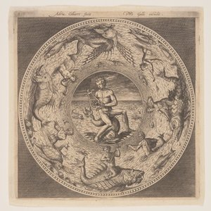 Arion op een dolfijn omringd door een rand versierd met zeewezens, uit een serie ontwerpen voor platen (Fonds de Coupe)
