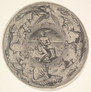 Arion op een dolfijn omringd door een rand versierd met zeedieren, uit een set, 1580-1600 door Adriaen Collaert