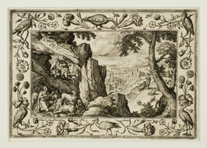 Daniël in de leeuwenkuil, uit Landschappen met scènes uit het Oude en Nieuwe Testament en Jachtscènes