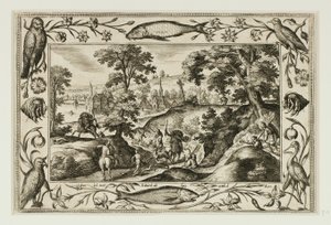 Hertenjacht, uit Landschappen met scènes uit het Oude en Nieuwe Testament en Jachtscènes door Adriaen Collaert