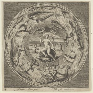 Ontwerp voor een bord met Galatea op een schelp geflankeerd door trompetters in een medaillonrand, ca. 1600 door Adriaen Collaert