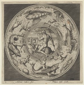 Ontwerp voor een Bord met Neptunus in een Schelp Getrokken door Paarden in een Medaillon Omrand door..., ca. 1600 door Adriaen Collaert