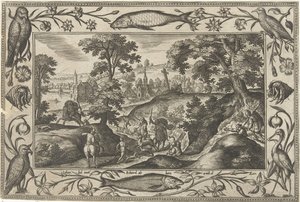 Hertenjacht Landschappen met Bijbelse, mythologische scènes en jachttaferelen