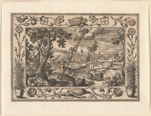 Jakobsdroom, uit Landschappen met scènes uit het Oude en Nieuwe Testament en Jachtscènes door Adriaen Collaert