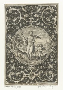 Medaillon met Venus en Amor in omlijsting van grotesken met bloemen, guirlandes, dieren en mascarons door Adriaen Collaert