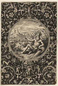 Neptunus als riviergod, plaat twee uit Het oordeel van Parijs door Adriaen Collaert