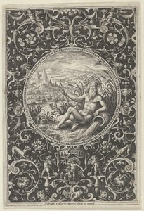 Neptunus in een decoratief kader met grotesken, uit het oordeel van Paris door Adriaen Collaert
