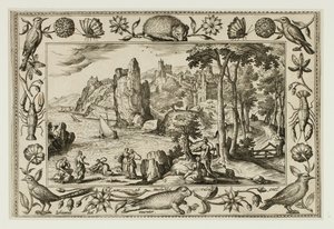 De dochter van de farao die Mozes vindt, uit Landschappen met scènes uit het Oude en Nieuwe Testament en Jachtscènes door Adriaen Collaert