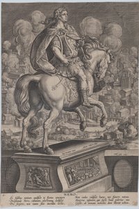 Plaat 6: ruiterstandbeeld van Nero, gezien van achteren, de Grote Brand van Rome, ca. 1587-89