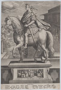 Plaat 7: ruiterstandbeeld van Galba, in profiel naar links, met een onthoofdingsscène, ca. 1587-89
