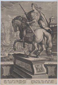 Plaat 8: ruiterstandbeeld van Otho, gezien van achteren, zijn sterfscène op de achtergrond, ca. 1587-89