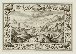 Konijnenjacht, uit Landschappen met scènes uit het Oude en Nieuwe Testament en Jachtscènes door Adriaen Collaert