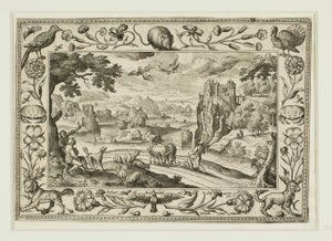 De val van Icarus, uit Landschappen met scènes uit het Oude en Nieuwe Testament en Jachtscènes door Adriaen Collaert