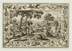 De Vlucht naar Egypte, uit Landschappen met Scènes uit het Oude en Nieuwe Testament en Jachtscènes door Adriaen Collaert
