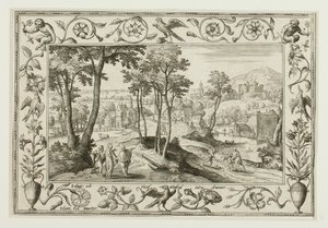 De Emmaüsreis, uit Landschappen met scènes uit het Oude en Nieuwe Testament en Jachtscènes door Adriaen Collaert
