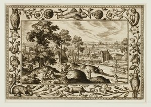 De parabel van de barmhartige Samaritaan, uit Landschappen met scènes uit het Oude en Nieuwe Testament en Jachtscènes