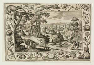 Het uitzenden van de apostelen, van landschappen met oud- en nieuwtestamentische taferelen en jachtscènes door Adriaen Collaert