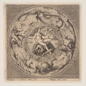 Thetis op een schelp, uit een serie ontwerpen voor platen (Fonds de Coupe) door Adriaen Collaert