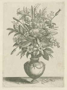 Vaas met bloemen, waaronder trompetnarcissen door Adriaen Collaert