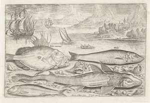 Vier vissen op het strand door Adriaen Collaert