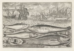 Vijf vissen op het strand door Adriaen Collaert