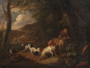 Jager met honden aan de rand van een bos door Adriaen Cornelisz Beeldemaker