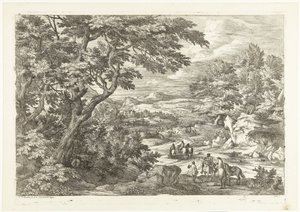 Landschap met jagers op weg naar huis, in de verte een kasteel