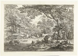 Landschap met rustende jagers Landschappen met jagers (serietitel) door Adriaen Frans Boudewyns