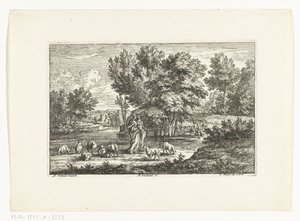 Landschap met twee herderinnen bij een water door Adriaen Frans Boudewyns