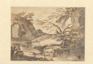 Landschap met grote rotsblokken in water door Adriaen Honich (attributed to)