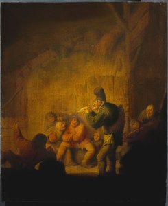 Een schuurinterieur met een nar die zijn metgezellen vermaakt door Adriaen Jansz. van Ostade