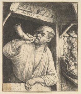 Bakker die op een hoorn blaast, 1610-85 door Adriaen Jansz. van Ostade