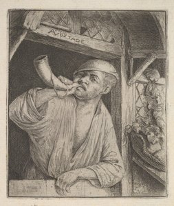 Bakker die op een hoorn blaast, 1610-85 door Adriaen Jansz. van Ostade