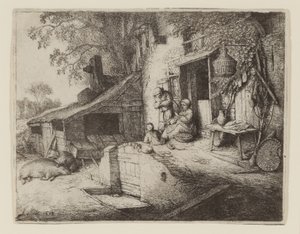 Bij de deur van het huisje - De spinster door Adriaen Jansz. van Ostade