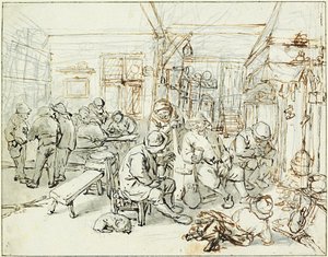 Gezelschap van boeren in een taverne door Adriaen Jansz. van Ostade