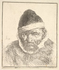 Oude man met witte kraag en puntige hoed door Adriaen Jansz. van Ostade