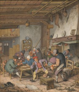 Kamer in een herberg met boeren die drinken, roken en backgammon spelen