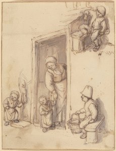 Studieblad met een moeder en haar dochter in de deuropening, twee zittende jongens door Adriaen Jansz. van Ostade