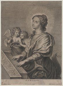 Sint Cecilia speelt orgel met twee putti links door Adriaen Lommelin