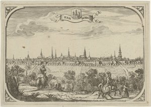 Gezicht op de stad Hamburg door Adriaen Oudendijck