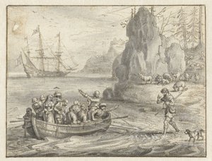 Celadon smeekt piraten om hem mee te nemen met zijn ontvoerde vrouw, Galatea door Adriaen Pietersz van de Venne