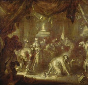 Jezus en de overspelige vrouw door Adriaen Pietersz van de Venne