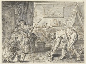 Man die de vloer schoonmaakt terwijl zijn vrouw bij de haard zit door Adriaen Pietersz van de Venne